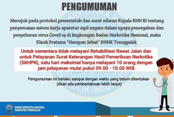 PENGUMUMAN PERUBAHAN JADWAL PELAYANAN SURAT KETERANGAN HASIL PEMERIKSAAN NARKOTIKA (SKHPN) DI KLINIK PRATAMA BNNK TRENGGALEK