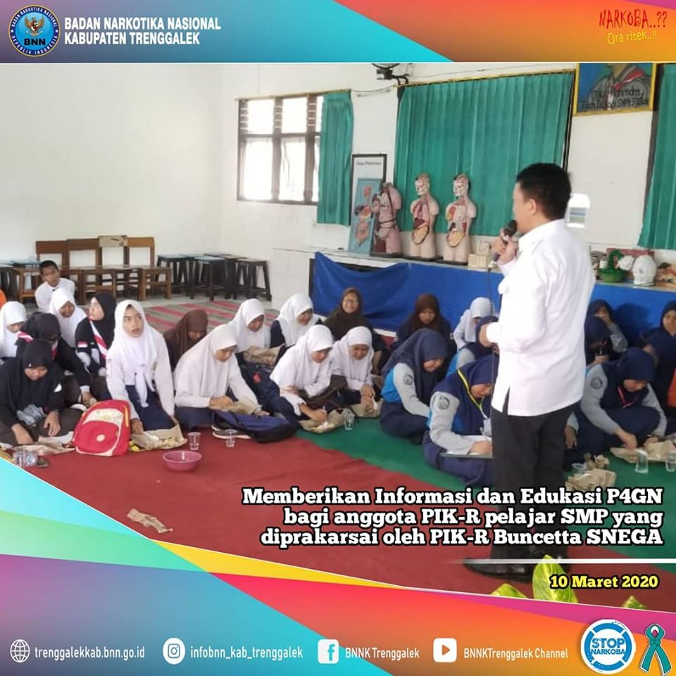 SOSIALISASI BAHAYA NARKOBA PADA KEGIATAN SOSIALISASI DAN BAKTI SOSIAL GENRE TRENGGALEK YANG DI PRAKARSAI OLEH PIK-R BUNCETTA SMPN 3 TRENGGALEK