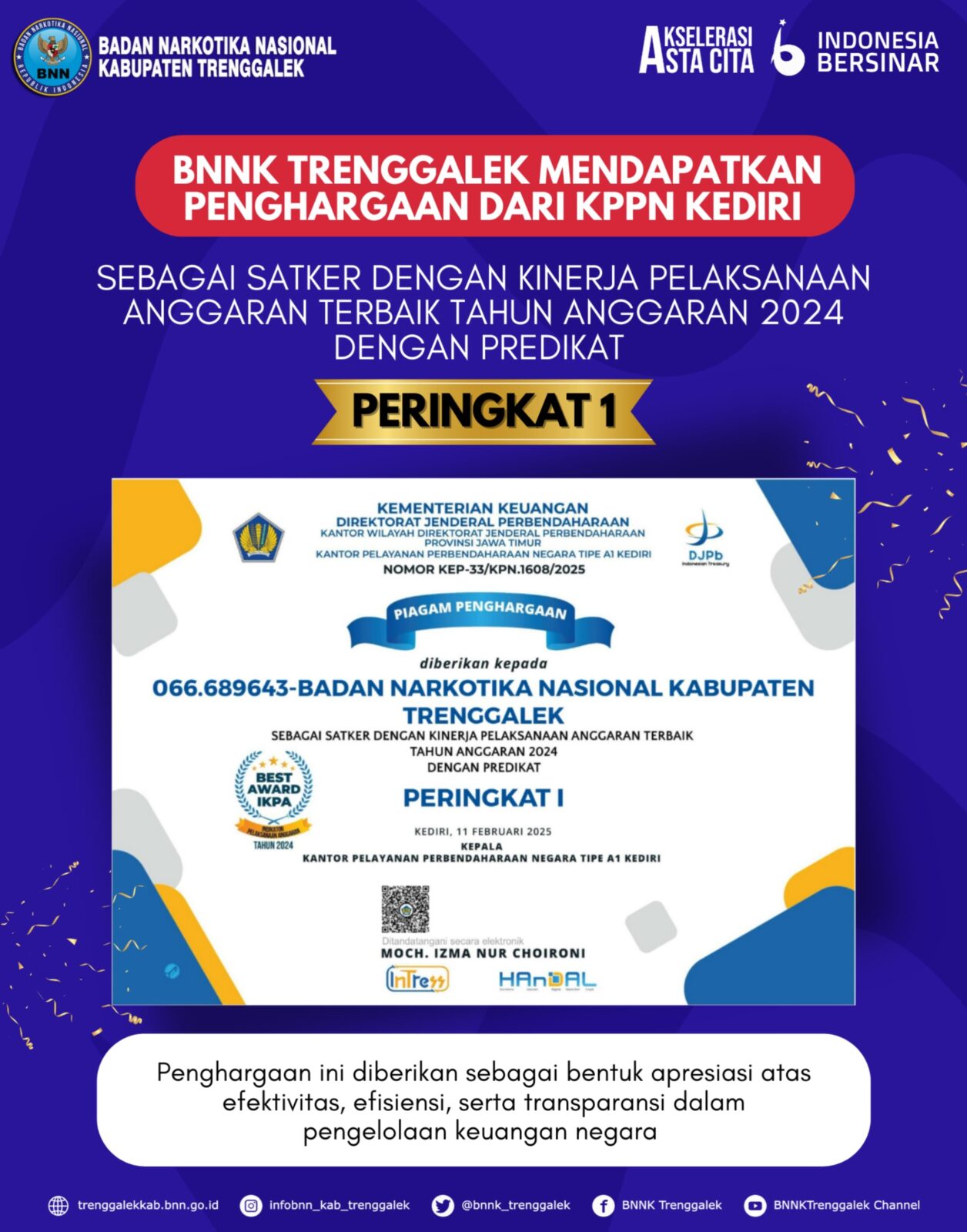 BNN Kabupaten Trenggalek Kembali Raih Penghargaan Satker dengan Kinerja Anggaran Terbaik TA 2024 BNN Kabupaten Trenggalek Kembali Raih Penghargaan Satker dengan Kinerja Anggaran Terbaik TA 2024
